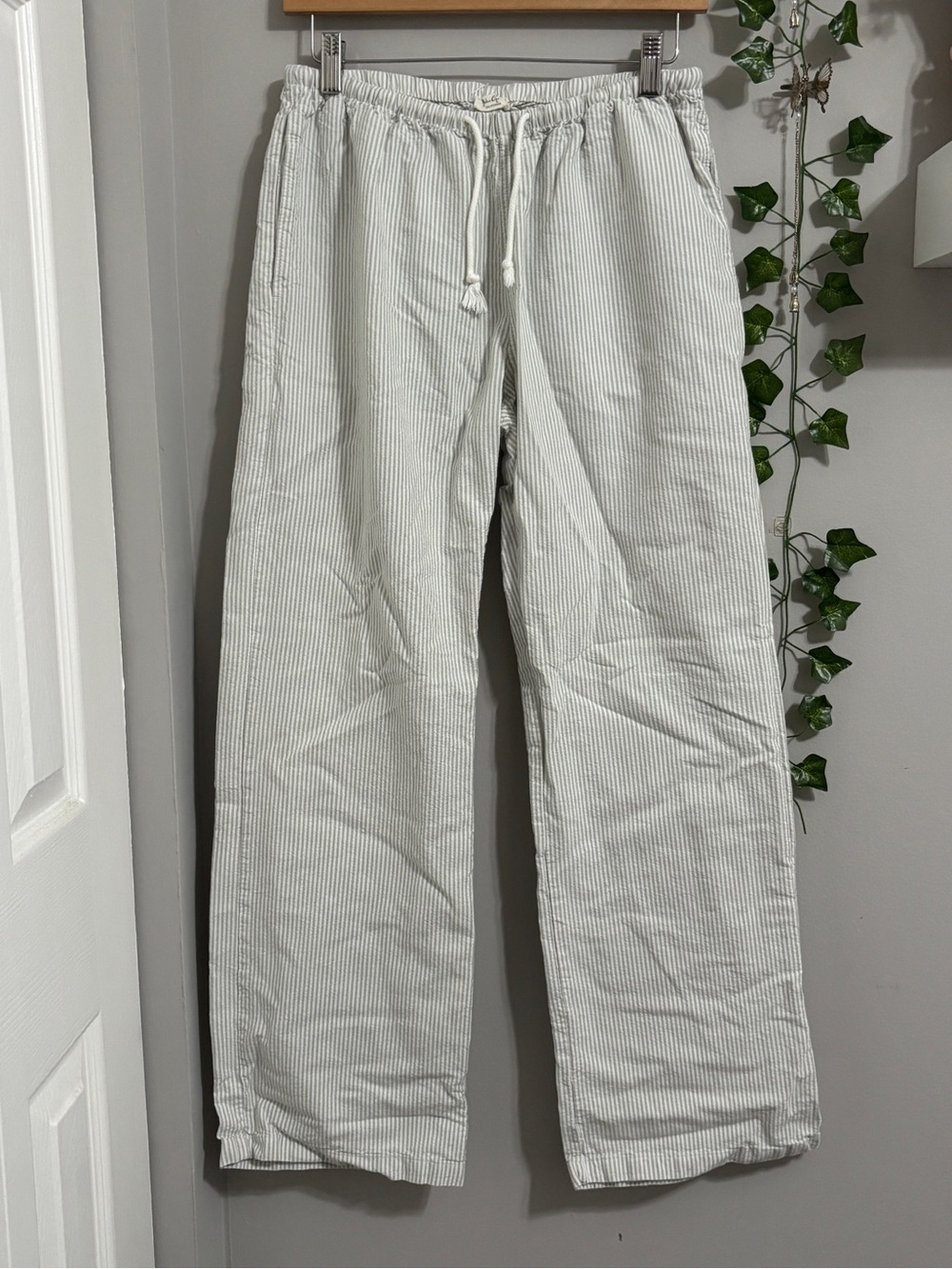 John Galt Sage Green Striped Linen Pants